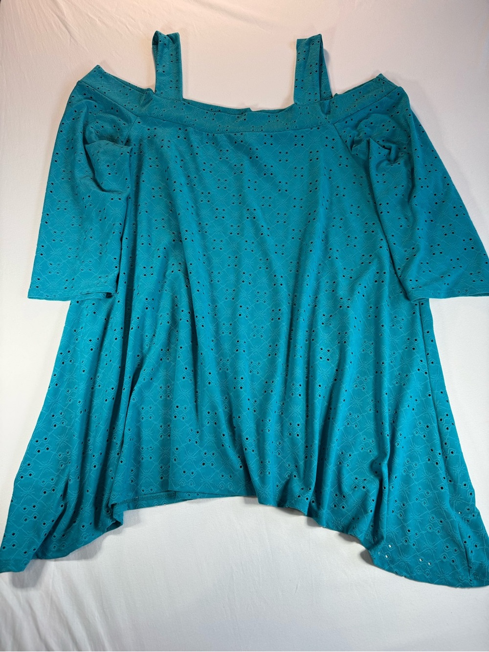 NY Collection Woman Teal Blue Cold Shoulder Eyelet Sharkbite Tunic Top Dress 2X - Picture 5 of 7